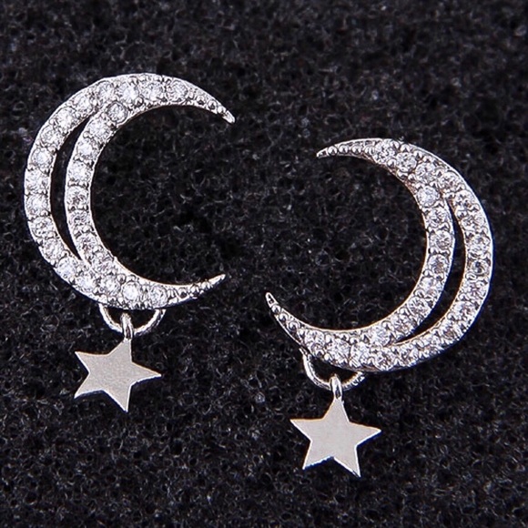 Jewelry - Delicate Silver Tone Crescent Moon/Star Earrings
